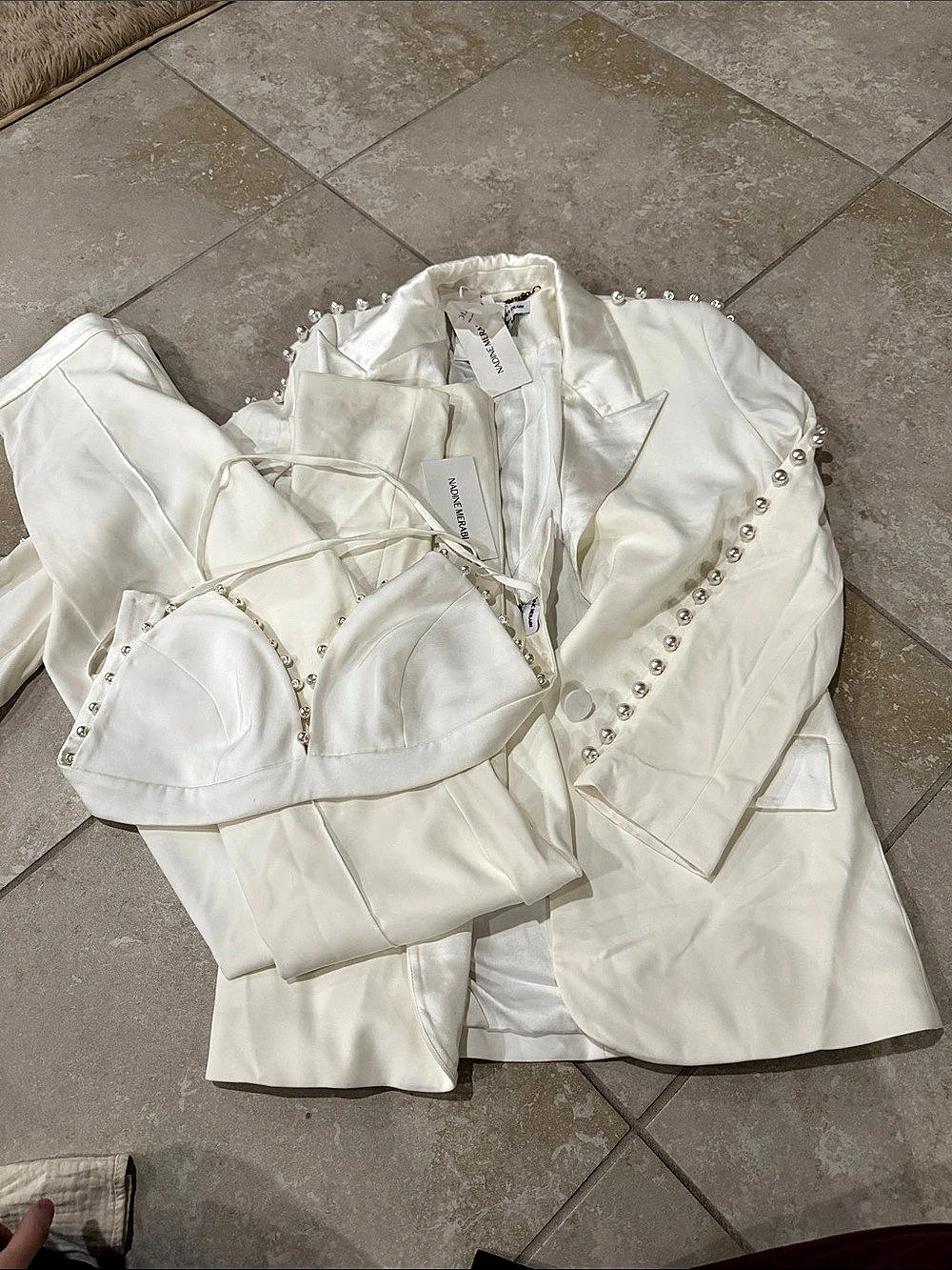 (3) peice set Nadine Merabi Charlotte White Pearl Blazer and Trousers Set